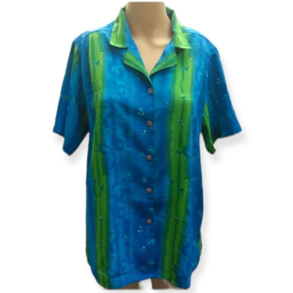 Yves St Clair Top Blue Stripe Short Sleeve Button Up Size 10 Vintage